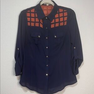 Pastel Design Navy and Orange Button Down Shirt Roll up Sleeves Size Large EUC